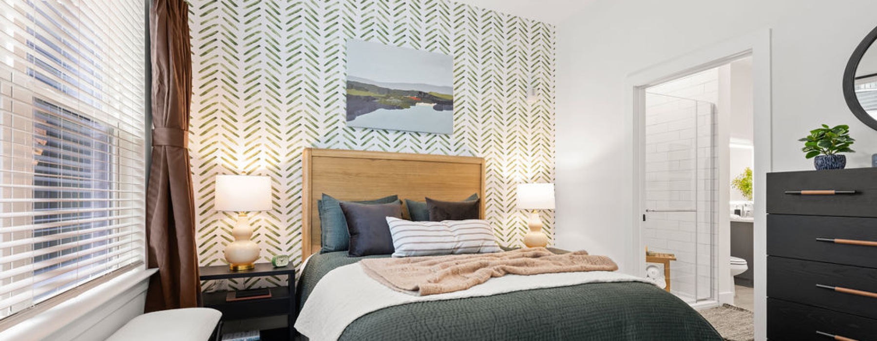 Luxury apartment bedroom at The Hawkins in Chamblee, GA