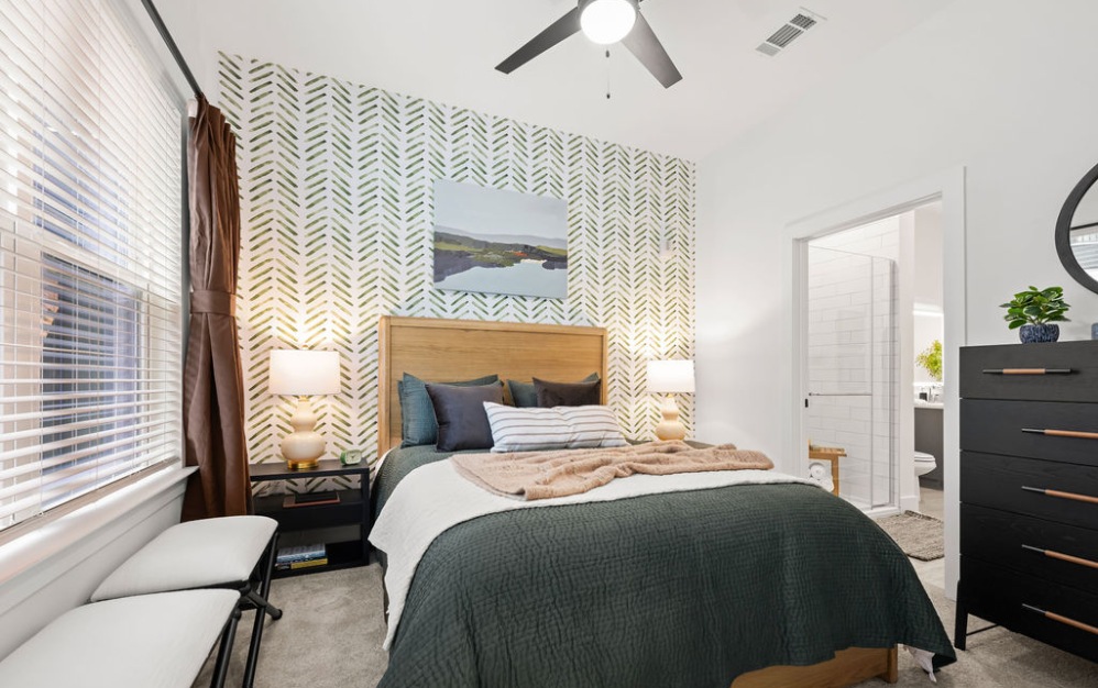 Luxury apartment bedroom at The Hawkins in Chamblee, GA